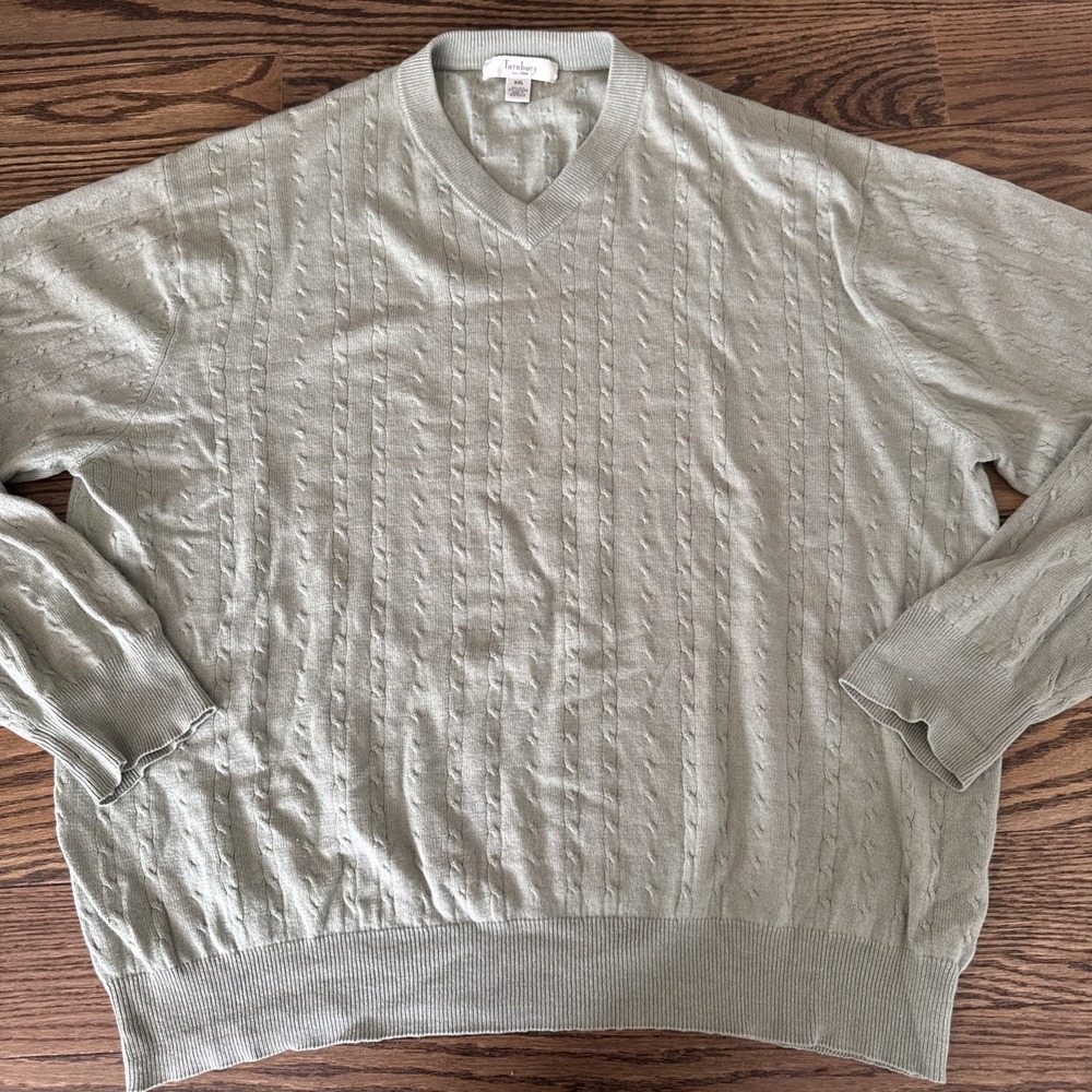 Turnbury Men's XXL Silk Cashmere V-Neck Pullover Sweater Cable Knit Green Preppy